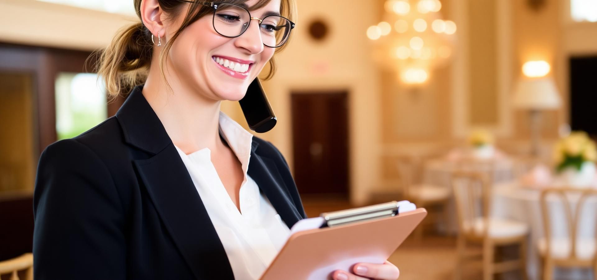 Bay Area event planner smiling while reviewing event details on a clipboard