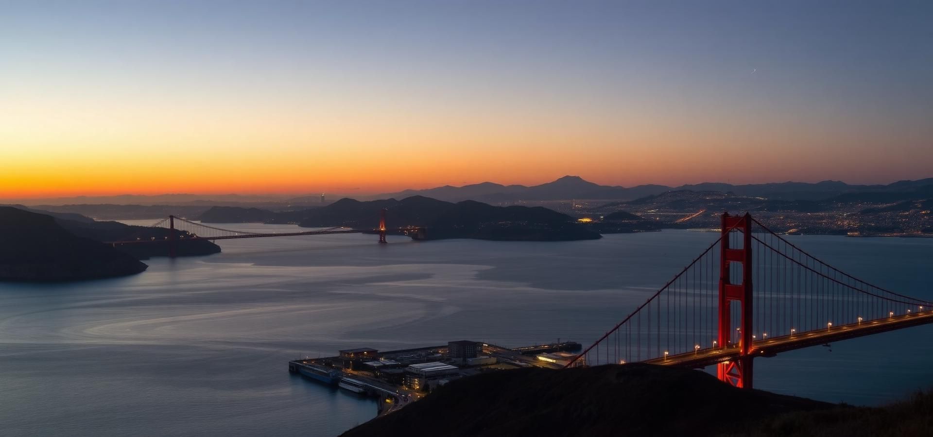 San Francisco Bay Area at sunset with Golden Gate Bridge and city lights